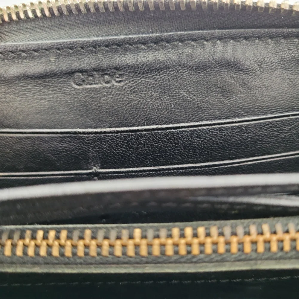 Chloe Black Leather Patent Trim Zip Around Continental Wallet Made in Spain